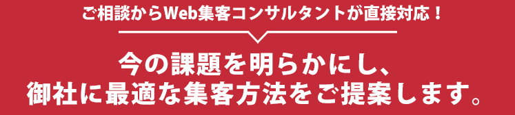 ご相談からWeb集客コンサルタントが直接対応!今の課題を明らかにし、御社に最適な集客方法をご提案します。